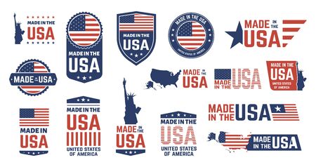 Made in USA badges. Patriot proud label stamp, American flag and national symbols, United States of America patriotic emblems vector set. US product stickers, national independence day 4th july badgesのイラスト素材