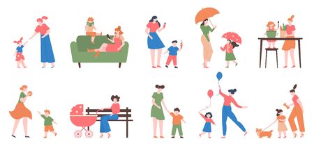 Mother and children. Young happy mom and kids, daughter and son, playing, reading and cooking together, motherhood love vector illustration set. Motherhood daughter, woman child happiness togetherのイラスト素材