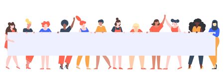 Young girls holding banner. Female group with placard, women rights manifestation, female diverse team holding empty sign vector illustration. Riot against, picket feminism, public demonstrateのイラスト素材