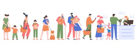 People grocery queue. Characters crowd waiting in cashier line, customers in supermarket, grocery...