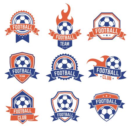 Soccer club emblem. Football badge shield  , soccer ball team game club elements, soccer competition and championship vector isolated icon set. Shield football championship or team illustrationのイラスト素材