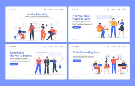 Creative coworking office. Creative meeting space, business team workplace activity, people business conversation vector landing page template. Illustration business landing page, partnership meetingのイラスト素材