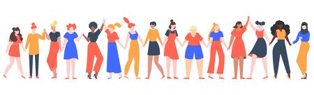 Women friendship group. Diverse female team standing together, holding hands, girls power, multinational sisterhood community vector illustration. Friendship group females, friends people diversityのイラスト素材