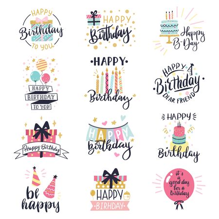 Happy birthday badge. Greeting lettering, cake, balloons and candle birthday greeting card decoration design vector illustration icons set. Greeting celebrate label, birthday celebrationのイラスト素材
