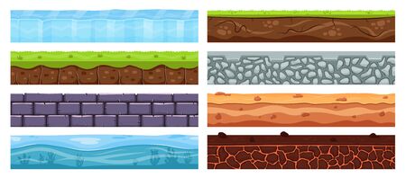 Landscape grounds. Cartoon dirt clay, archeology soil layers, dirt texture with buried stones, grass, landscape elements vector illustration set. Background layer landscape, nature soil and rockのイラスト素材