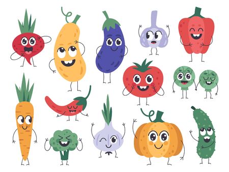 Vegetable mascots. Happy carrot, cute cucumber and pumpkin characters, funny vegetarian food mascot, comic veggies emotions vector icons set. Cucumber and pumpkin, broccoli and tomato illustrationのイラスト素材