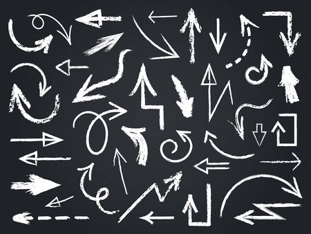 Chalk sketch arrow. Hand drawn chalk arrows, chalkboard graphic elements, chalk arrow signs on chalkboard isolated vector icons set. Arrow sketch chalk, outline scribble blackboard illustrationのイラスト素材