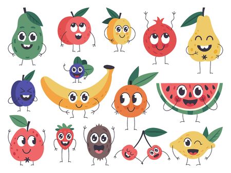 Fruit character. Doodle vegetarian food mascots, happy fruits comic emotions, cute apple, banana and funny avocado isolated vector icons set. Fruit vitamin mascot, vegetarian pear plum illustrationのイラスト素材