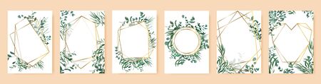Green leaf frames. Spring wedding invitations, floral branches gold geometric borders. Elegant floral frames vector isolated symbols set. Poster and banner with bouquet frame floral illustrationのイラスト素材