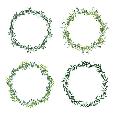 Round leaf borders. Circle green leaves wreath, floral frames, decorative circle invitation. Floral decorations isolated vector icons set. Green leaf frame, border wreath greenery illustrationのイラスト素材