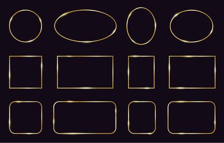 Golden frames. Modern gold geometric frames, elegant gold glowing borders. Decorative, modern lines frame vector isolated icons set. Square and oval shape, wedding template frame illustrationのイラスト素材