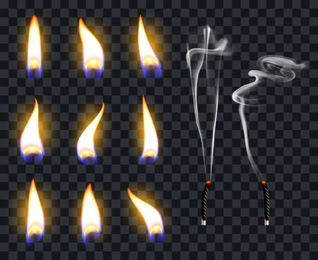 Realistic candle flames. Candlelight fire flame, candles warm burn. Fire transparent illuminate flames vector illustration symbol set. Warm light glowing, burning illuminate wickのイラスト素材