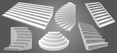 Architecture white realistic stairs. 3d simple interior staircases, modern ladder steps. Stairway isolated vector illustration set. Interior architecture stairway, staircase to climb careerのイラスト素材