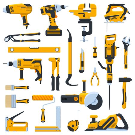 Building construction tools. Construction home repair hand tools, drill, saw and screwdriver. Renovation kit vector illustration icons set. Tools jackhammer and vise, jigsaw and levelのイラスト素材