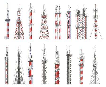 Broadcast technology tower. Communication antenna tower, wireless radio signal station. Cellular network tower vector illustration icons set. Radio signal tower, cellular broadcast cordlessのイラスト素材