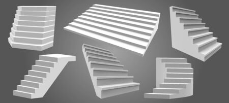 Exterior realistic stairs. Architectural home staircase, modern stairway. Ladders, architectural staircases isolated vector illustration set. Stair interior exterior, staircase architecture for homeのイラスト素材