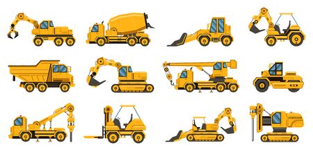 Construction machinery. Heavy road equipment trucks, forklifts and tractors, excavation crane truck isolated vector illustration set. Equipment transportation construction, industry craneのイラスト素材
