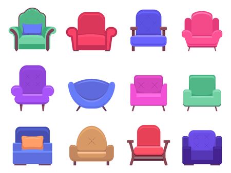 Armchair furniture. Armchair sofa, apartment interior comfortable furniture, modern cozy domestic chair vector isolated illustration icons set. Soft seat chair, seating furnish, armchair fashionableのイラスト素材