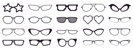 Spectacles silhouette. Glasses frames, optics eyewear and eyeglasses frame. Rim optic lens glasses vector illustration icons set. Eyewear glasses, black various form star and heartのイラスト素材