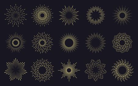 Vintage sunburst frames. Radiant sunburst lines, hands drawn sunbursts badges, firework sparks rays. Radiant star burst isolated vector icons set. Hand drawn badge radiant sun illustrationのイラスト素材