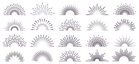 Vintage sunburst. Retro radiant sunburst, starburst hand drawn label, sun rays, firework radiant rays. Bursting explosion lines vector isolated icon set. Sunshine radial, starburst linear illustrationのイラスト素材