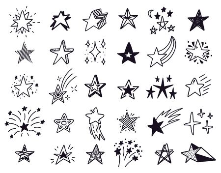 Doodle stars. Hand drawn sketch stars, starry doodles drawing icons. Star shape isolated vector illustration set. Drawing star in sky, black starry outlineのイラスト素材