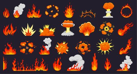 Cartoon fire explosions. Fire flames, hot campfire, explosive bomb clouds, flaming explode. Flame silhouettes isolated vector illustration set. Fire power, smoke blast, dynamite boom collectionのイラスト素材