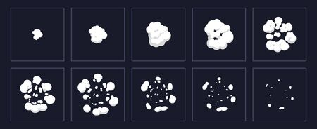 Smoke explosion animation. Cartoon explosion animated shot, explode clouds frames. Exploding effect storyboard isolated vector illustration set. Movement puff effect, flash motion boomのイラスト素材