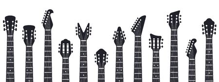 Guitars headstock. Rock music guitar necks silhouette. Electric and acoustic music guitars isolated vector illustration. Acoustic entertainment, instrument guitar, musical equipmentのイラスト素材
