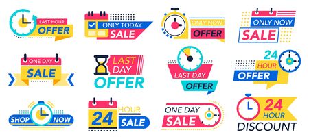 Countdown badges. Sale timer promo stickers, countdown one day sales, 24 hour labels. Last minute offer badge isolated vector illustration set. Discount number timer, promotion offerのイラスト素材