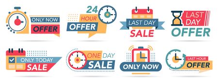Sale countdown tags. Last minute badges, special countdown offer, only now promotions. One day sale promo stickers vector illustration set. Timer count, countdown announcement discountのイラスト素材