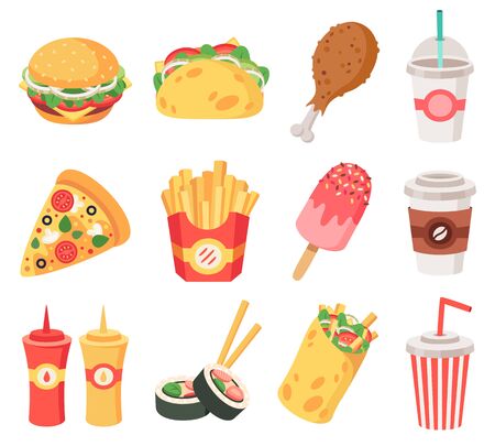 Junk street food. Fast food, doodle takeaway food and snacks, french fries, coffee, pizza. High calorie junk food isolated vector icons set. Pizza and burrito hamburger, soda fastfood illustrationのイラスト素材