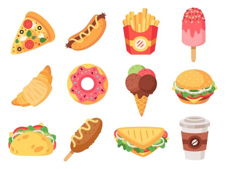 Fast food. Junk food and snacks, hamburger, taco, french fries, donut and pizza high calorie food. Doodle fast food vector isolated icons set. illustration of hotdog and croissant, snack and sandwichのイラスト素材