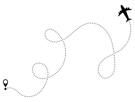 Airplane flight path. Travel flight dashing airlines route, dotted transfer paths. Travels route isolated vector illustration. Flight aircraft, airplane route trip pointのイラスト素材