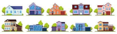 Suburban houses. Living real estate house, modern country villas. Home facade, street architecture vector illustration icons set. House building, home estate suburban, architecture living illustrationのイラスト素材
