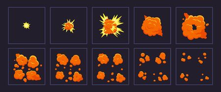 Cartoon motion explosions. Animated explosion shot, explode fire frames. Exploding effect frames vector illustration set. Explosion cartoon animation, boom movement, explore effectのイラスト素材