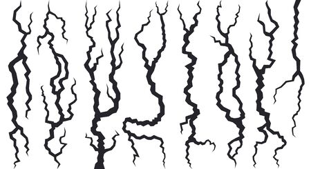 Earthquake wall cracks. Cracked destroy surface, damaged craquelure effect ground. Broken cracking wall elements isolated vector illustration set. Surface earthquake, damaged collapseのイラスト素材