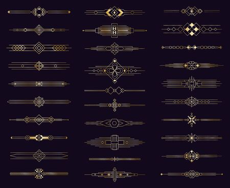 Art deco gold divider. Modern golden elegant border, decorative antique ornament. Vintage arabic geometric dividers isolated icons elements set. Illustration border menu divider, template label pageのイラスト素材