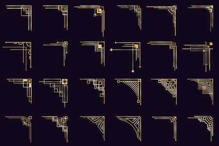 Art deco corners. Vintage gold arabic geometric borders, decorative golden dividers, antique elegant corners isolated icons set. Border ornate corner, vintage golden antique illustrationのイラスト素材
