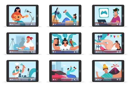 Video bloggers online streaming. Social media content creators, vloggers review, education, fitness, cooking video guides vector illustration set. Content video review, streaming and bloggingのイラスト素材
