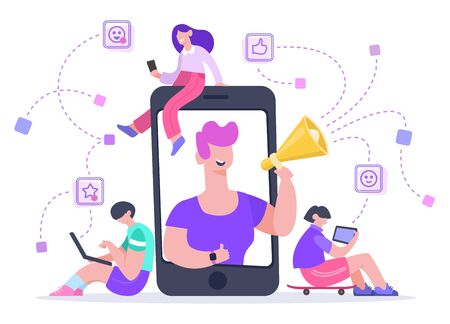Influencer advertising marketing. Social media promotion, phone screen influencer or blogger internet advertisement promotion vector illustration. Influence blogger, digital smm, web marketing onlineのイラスト素材