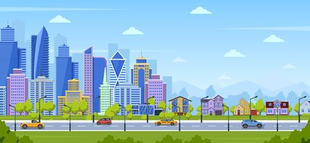 Modern city panorama. Urban town cityscape and nature landscape with suburban houses. Big city panoramic view vector illustration. Panoramic view urban city, cityscape skyscraper houseのイラスト素材