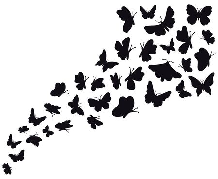 Butterfly flow silhouettes. Flying butterflies graphic wave, black flower butterflies silhouette. Papillon sketch vector background illustration. Silhouette butterfly summer wildlifeのイラスト素材