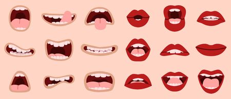 Cartoon cute mouth. Hand drawn comic mouths and lips, laughing with teeth and showing tongues caricature mouths vector illustration icons set. Makeup lip, tongue sticking, romantic and shoutingのイラスト素材