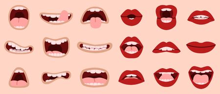 Illustration pour Cartoon cute mouth. Hand drawn comic mouths and lips, laughing with teeth and showing tongues caricature mouths vector illustration icons set. Makeup lip, tongue sticking, romantic and shouting - image libre de droit