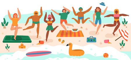 Beach jumping people. Young happy characters summer vacation activities, laughing teenagers group jump, having fun at beach vector illustration. Activity jump, young in swimsuit, people laughingのイラスト素材