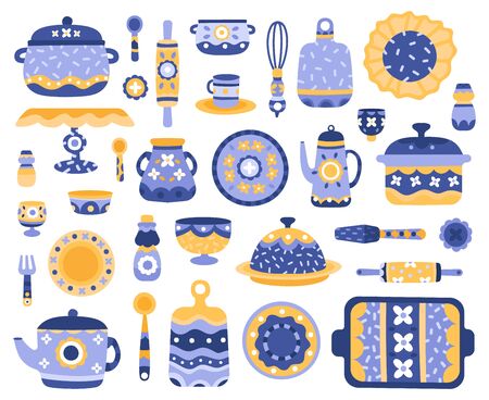 Cartoon ceramic crockery. Kitchen cookware, porcelain tableware, dishes, teapot, serving crockery vector illustration icons set. Porcelain crockery, cookware ceramic, kitchen dishwareのイラスト素材