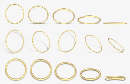 Realistic golden 3D ring. Gold decorative geometric round rings, 3d yellow gold metallic rings vector illustration icons set. Golden ring realistic, bright jewelry, luxurious glowingのイラスト素材