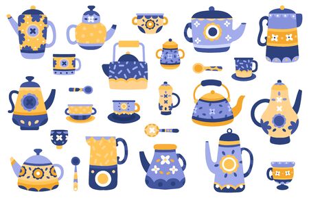 Cartoon kitchen teapot. Ceramic tea teapots and kettles, serving tableware, tea ceremony decorative elements vector illustration icons set. Kitchenware and ceramic kettle householdのイラスト素材