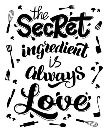 Food lettering poster. Typography cooking lettering, hand written kitchen quote. Food lettering banner vector illustration. Cooking calligraphy and typography, lettering quoteのイラスト素材
